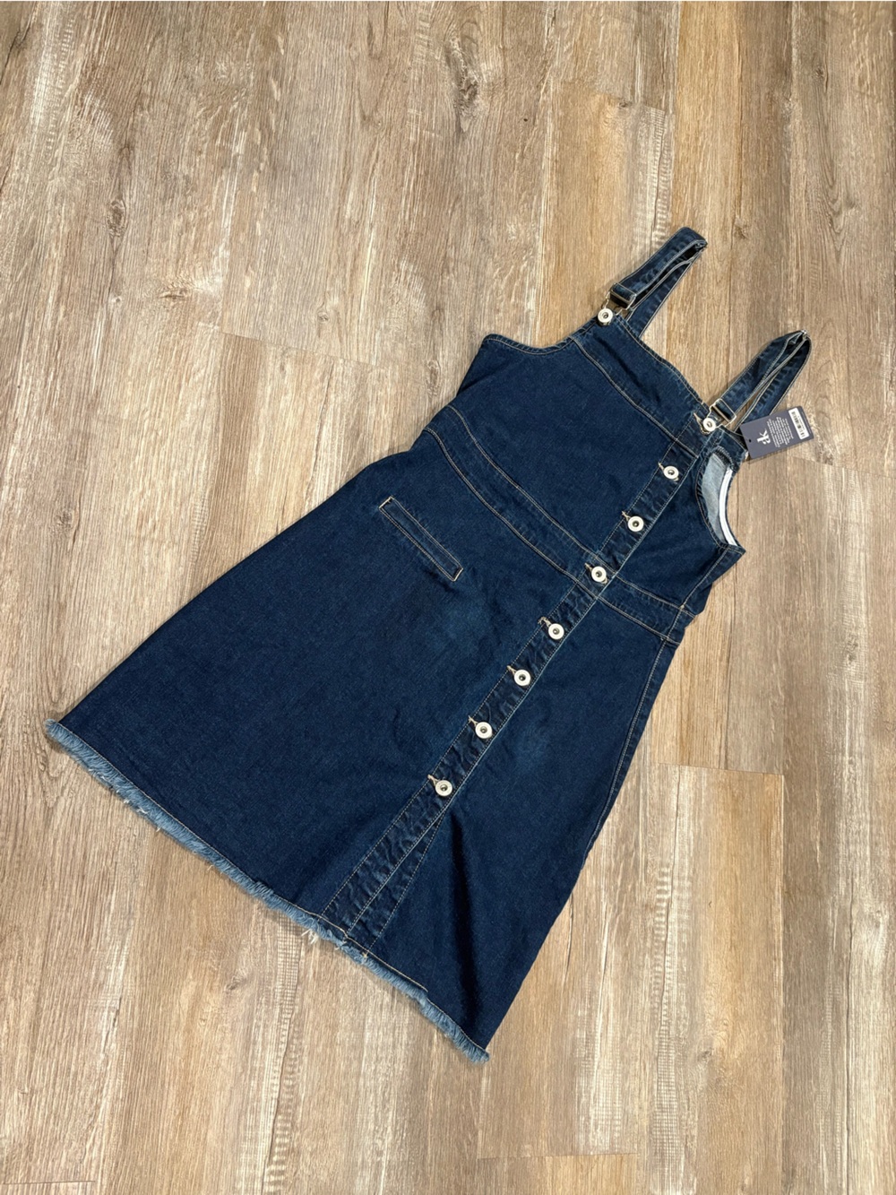 Dark Blue Denim Button-Front Overall Dress with Adjustable Straps